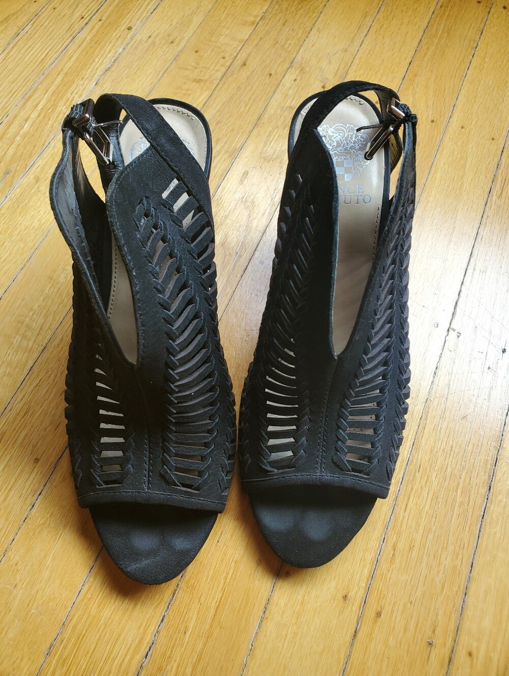 Black Cutout Peep-Toe Women's Heels - Vince Camuto Like New Real Suede.
